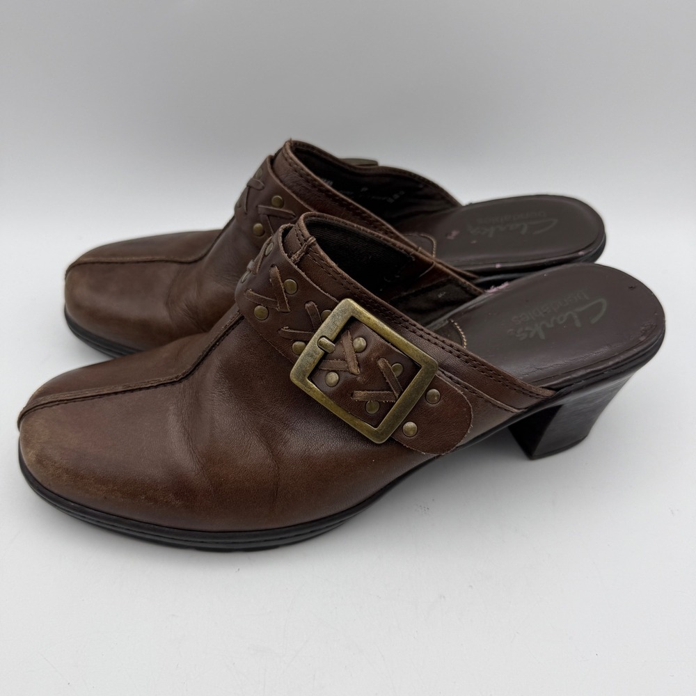 Clarks Bendables Clogs Women 8M Brown Leather Buckle Whipstitch Heeled Mules